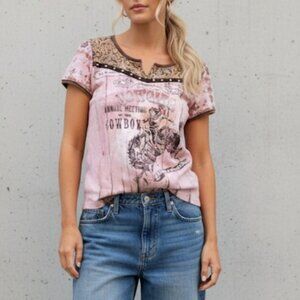 VTG Y2K Vannila Sugar Pink Western T Shirt Velvet And Stud Detail Size M